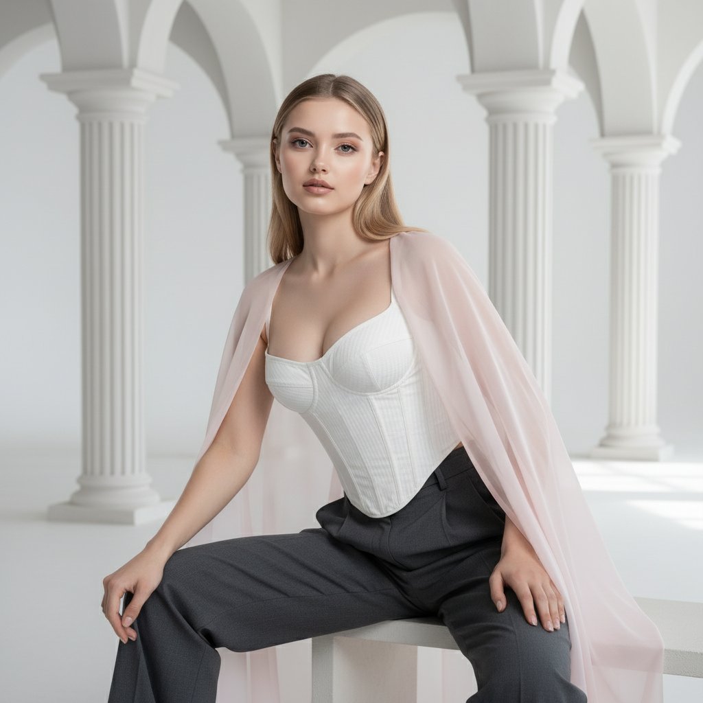 Женщина в корсете у колонн