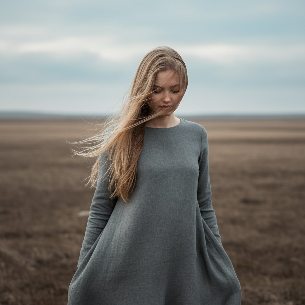 Женщина в поле в сером платье
