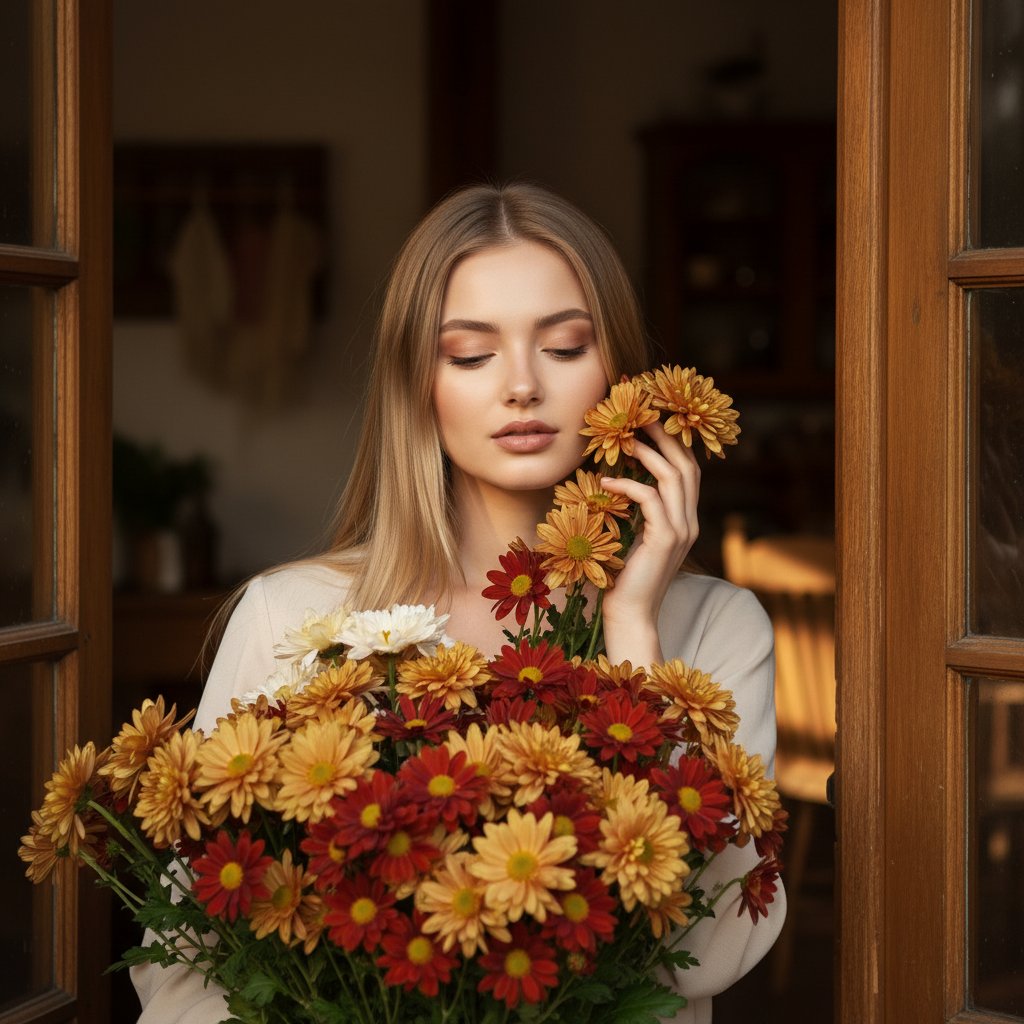 Женщина и хризантемы у входа