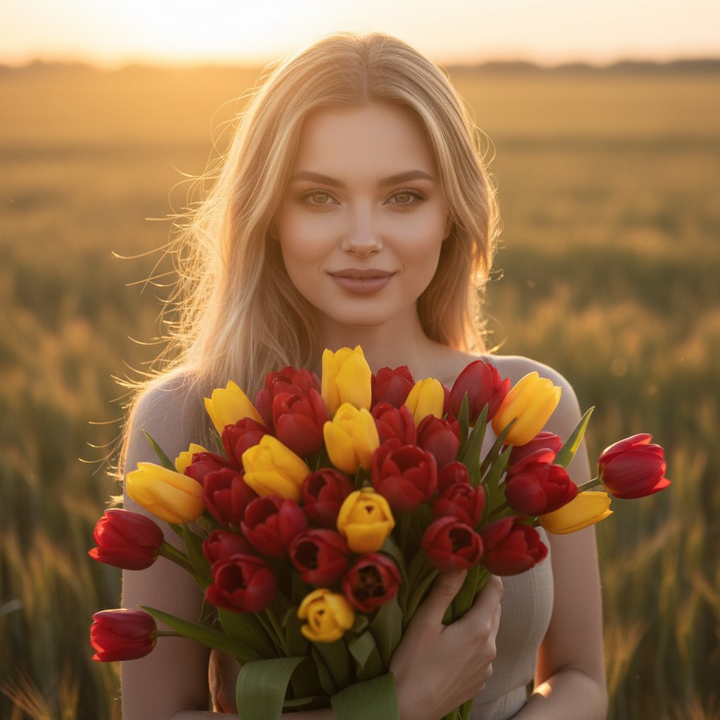 Женщина с тюльпанами на закате