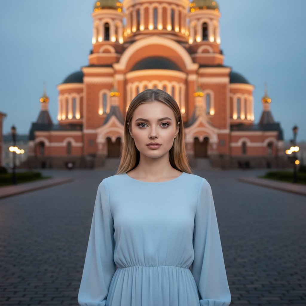 Дама у собора в Новосибирске