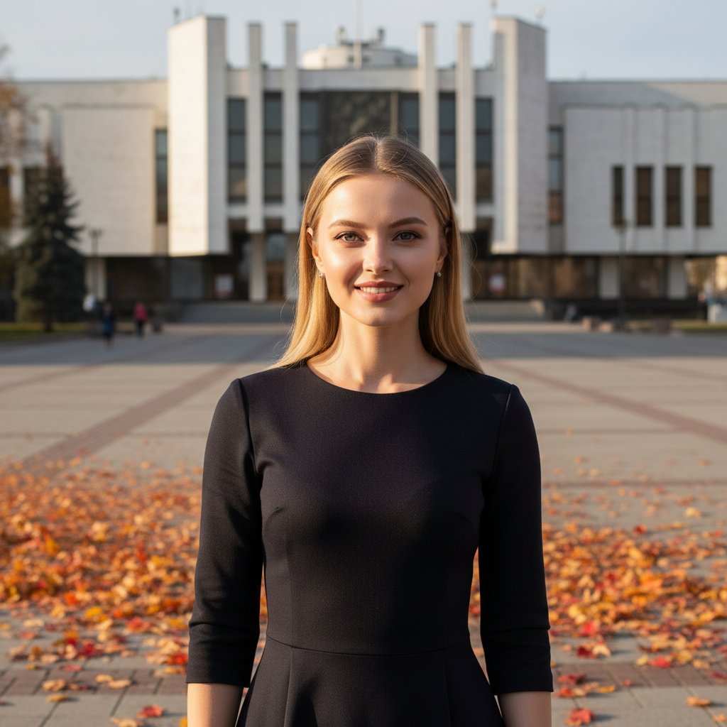 Портрет женщины у музея осенью