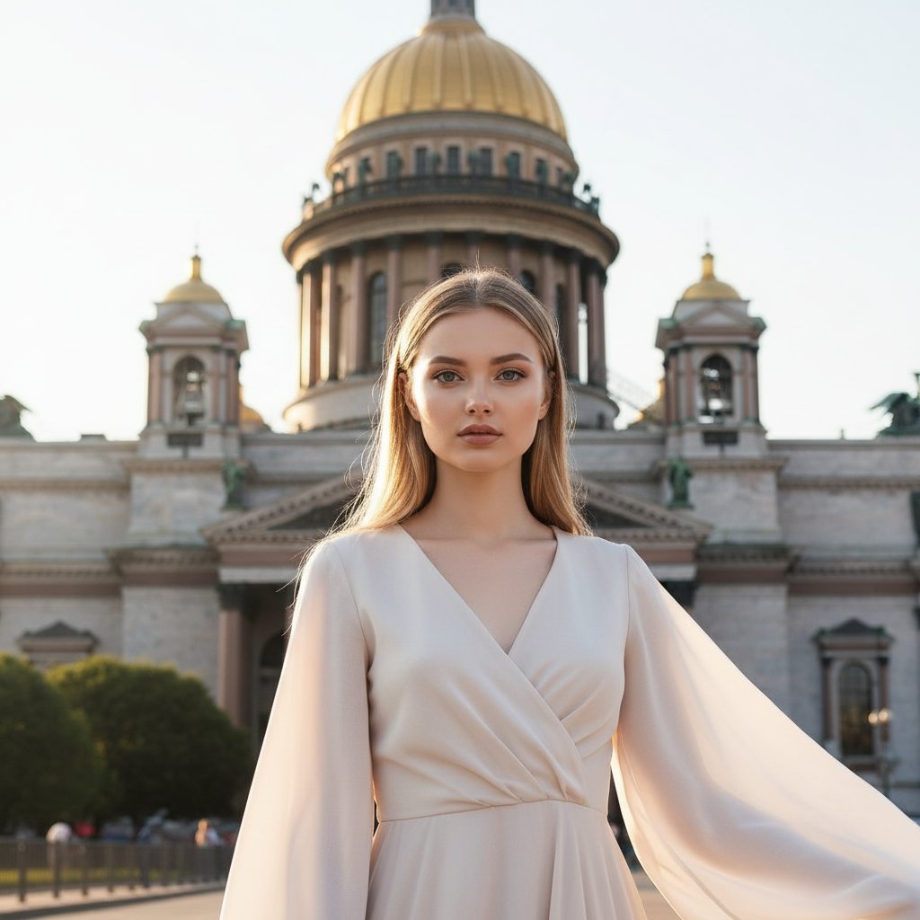 Девушка в платье у собора