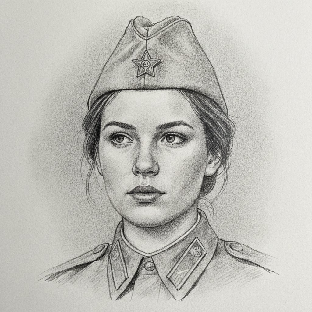 Женщина в военной форме, карандашный портрет
