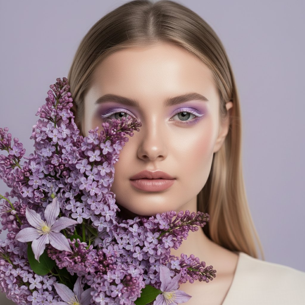 Лиловый макияж и цветы