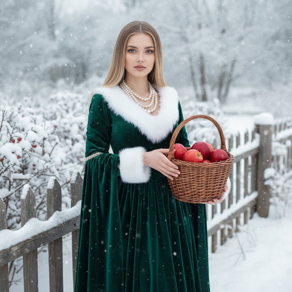 Девушка с яблоками у заснеженного забора