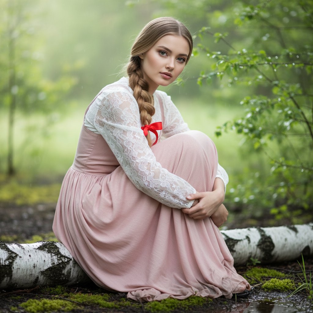 Девушка в лесу после дождя
