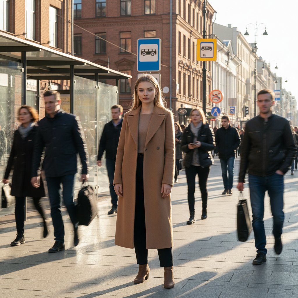 Девушка у остановки в солнечном пальто