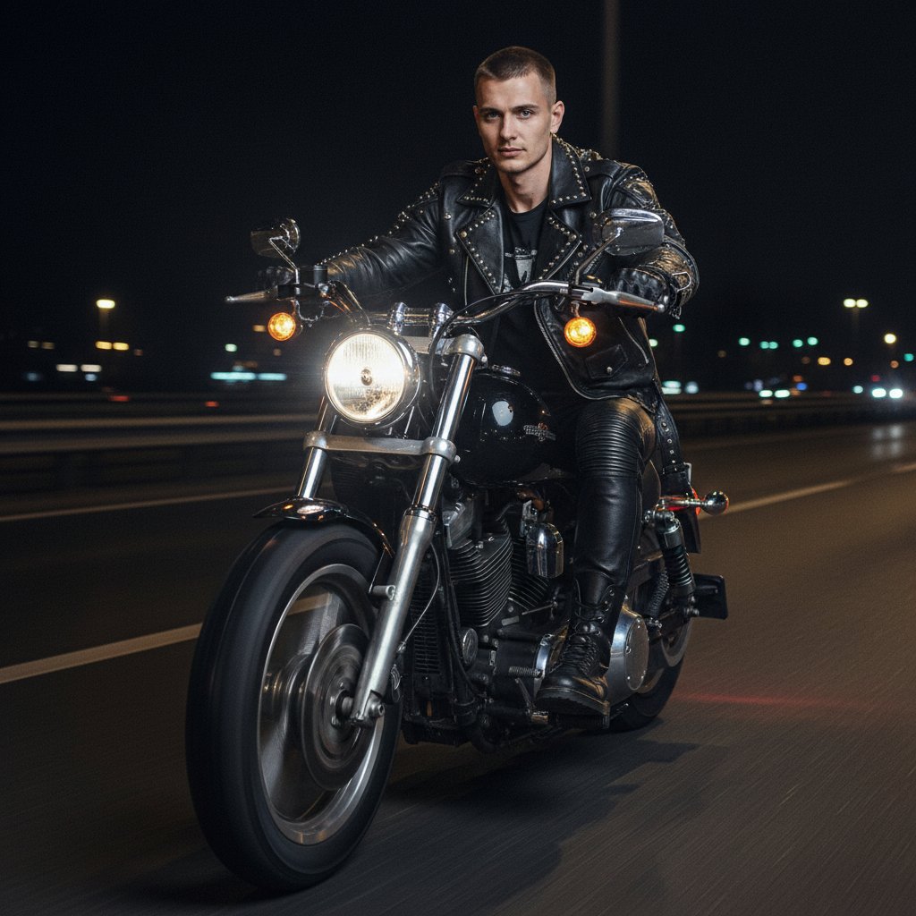 Байкер на Harley ночью
