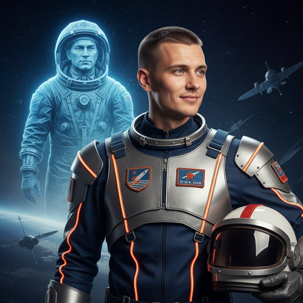 Космонавт в стиле ретрофутуризма