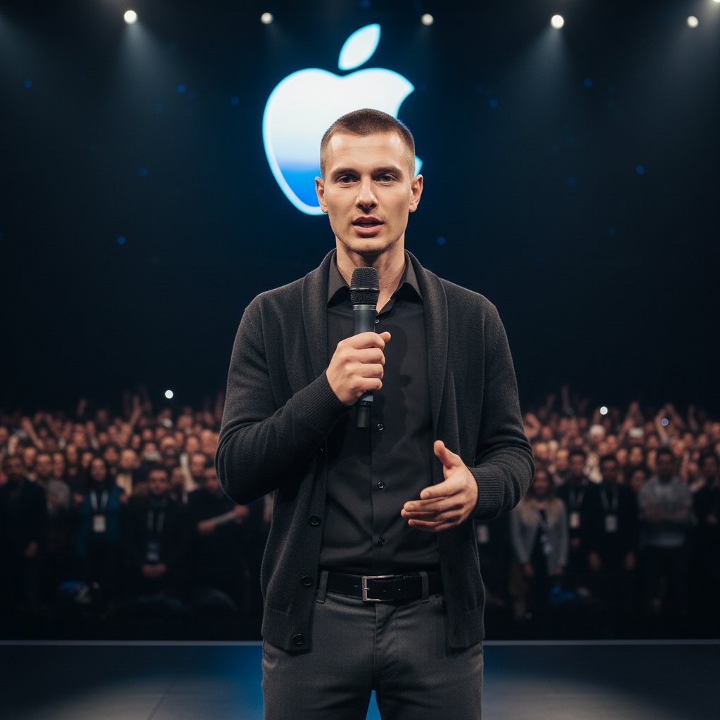 Спикер на фоне Apple