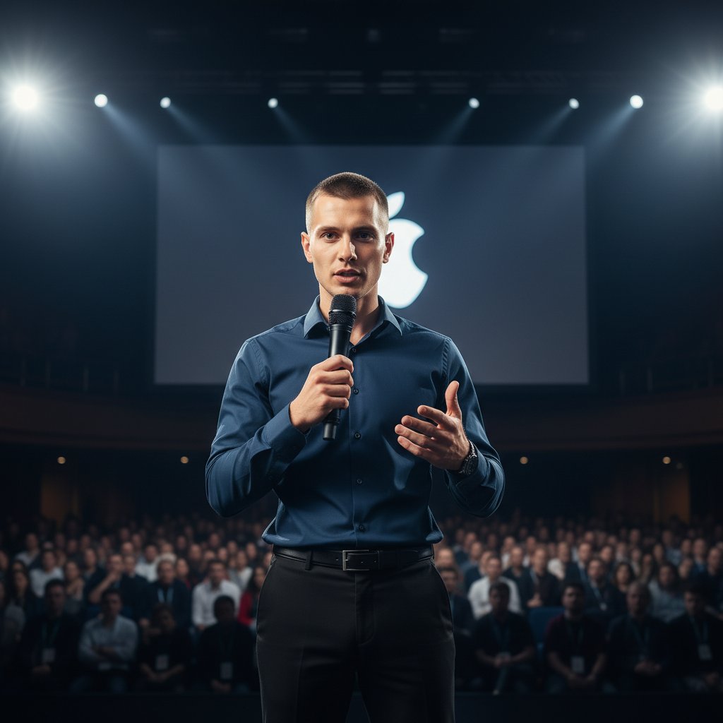 Спикер на сцене с логотипом Apple