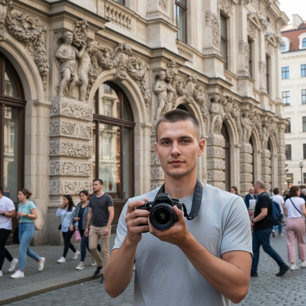Фотограф у дома с лепниной