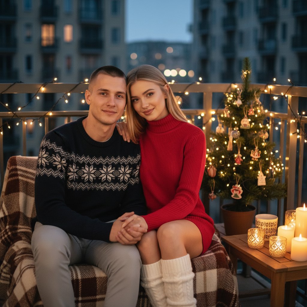 Пара на балконе в новогодних огнях