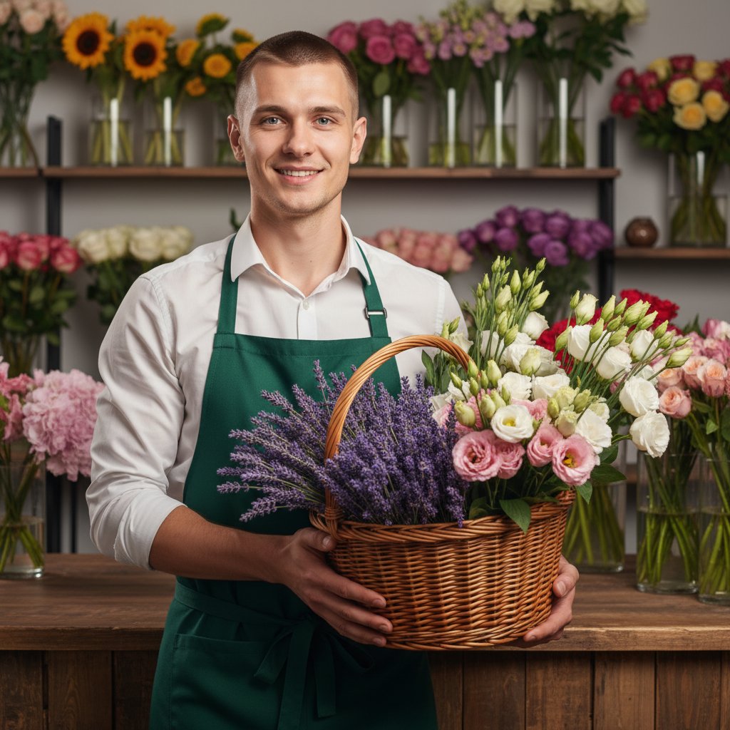 Флорист с корзиной цветов