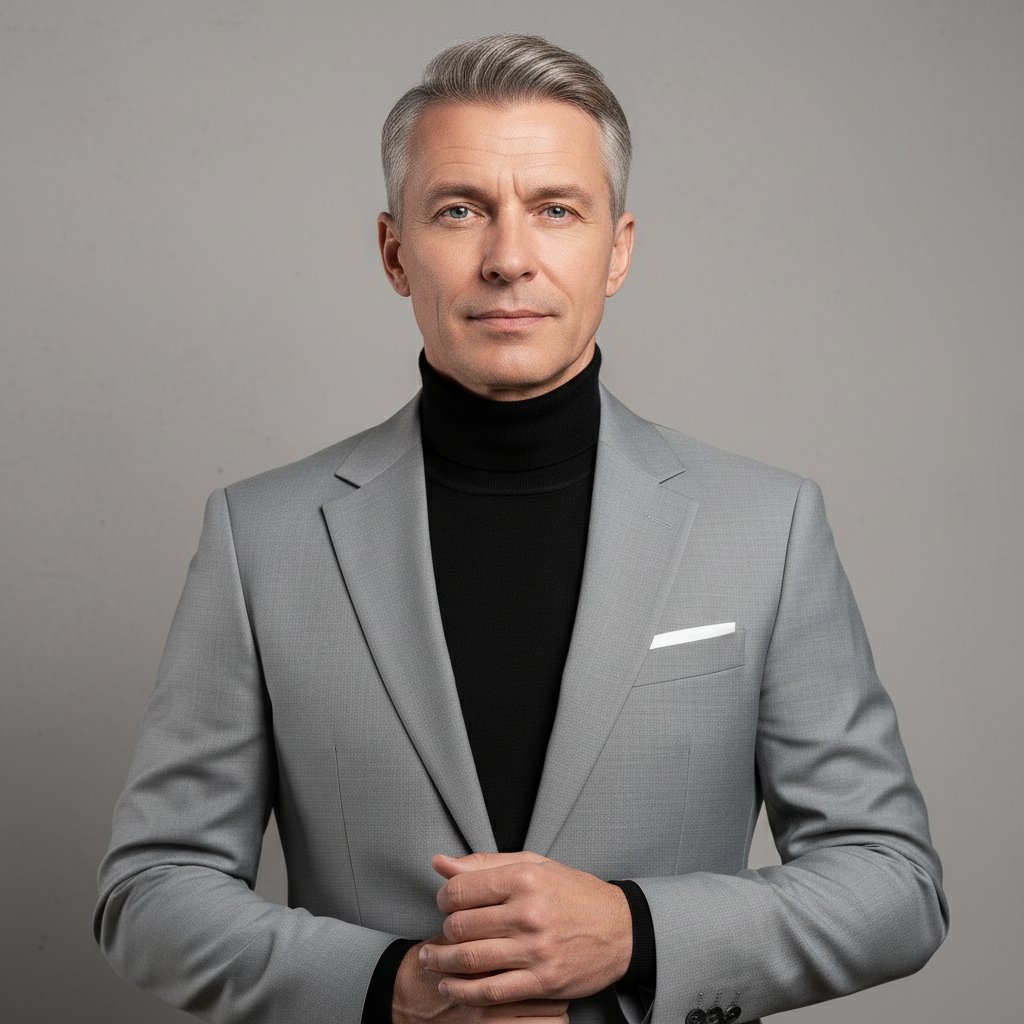 Мужчина в сером костюме у стены