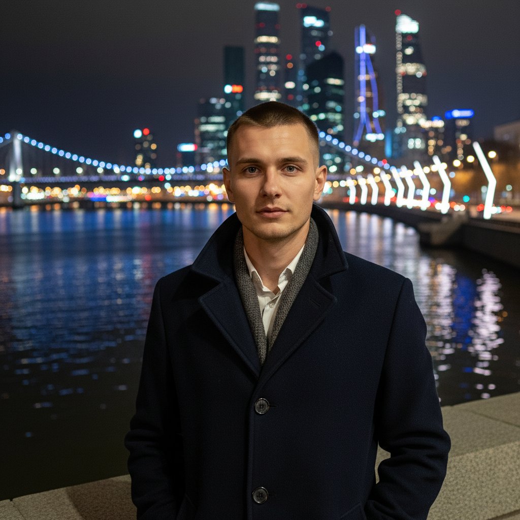 Городской вечер: мужчина у воды