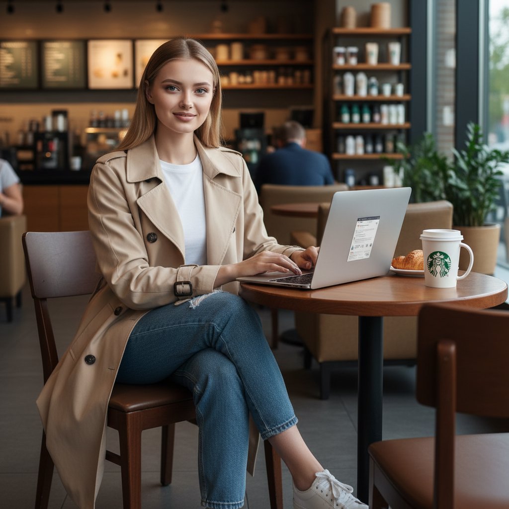 Девушка в Starbucks с кофе