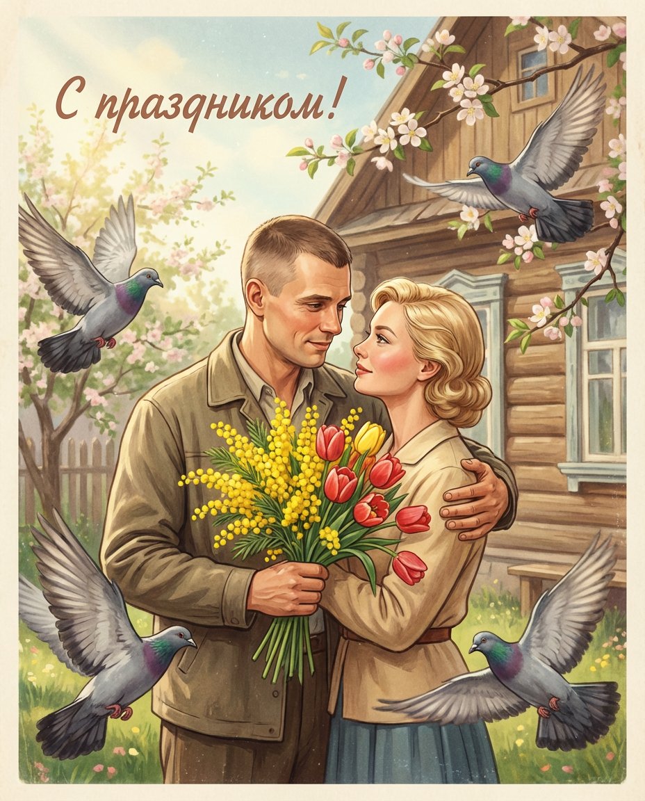 Винтажная поздравительная открытка в стиле СССР 1950