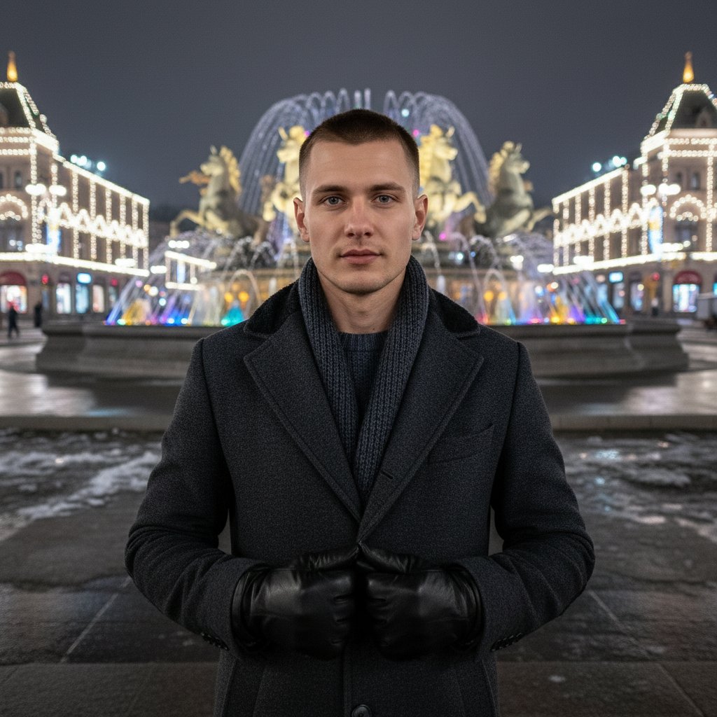 Зимний портрет у фонтана
