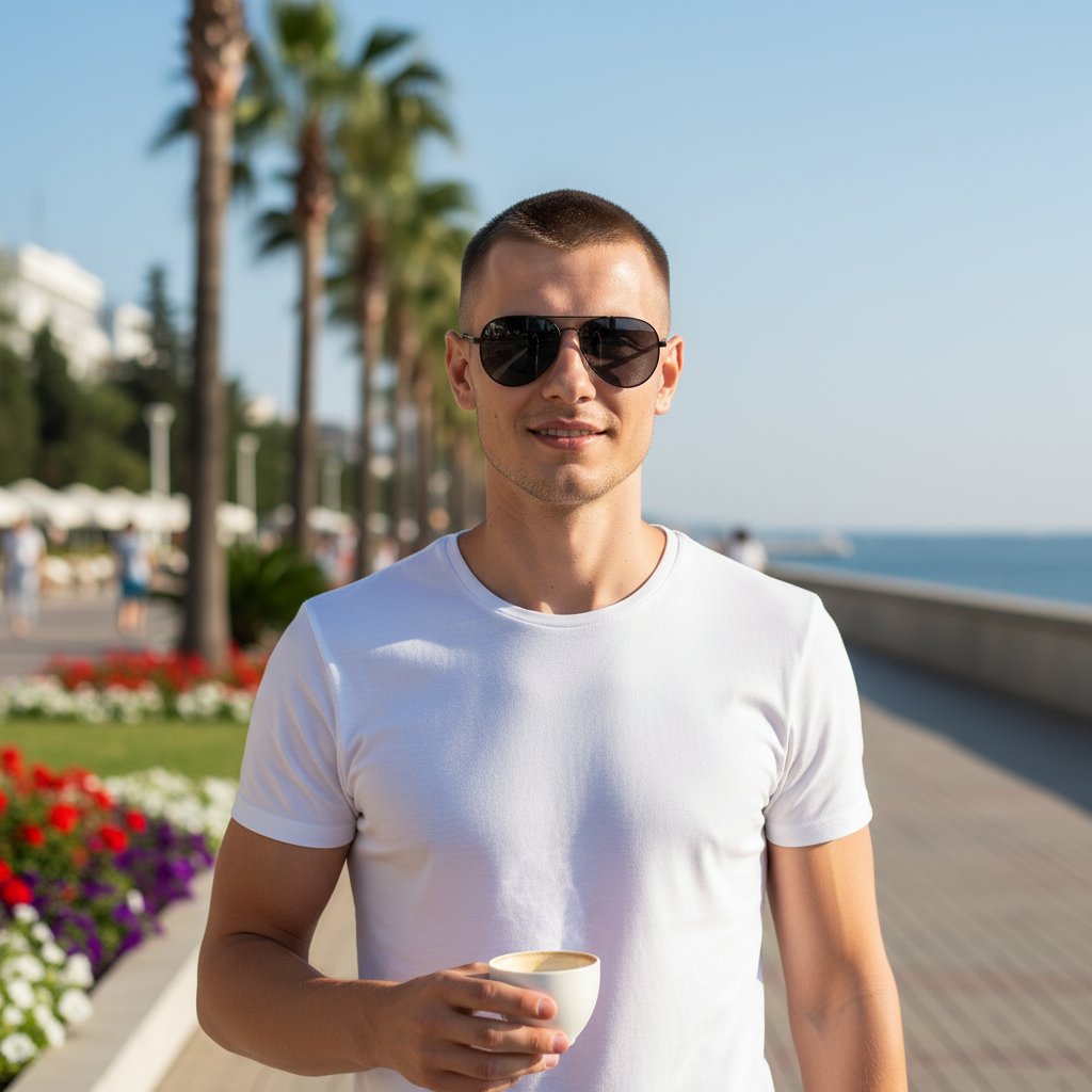 Мужчина с кофе на набережной