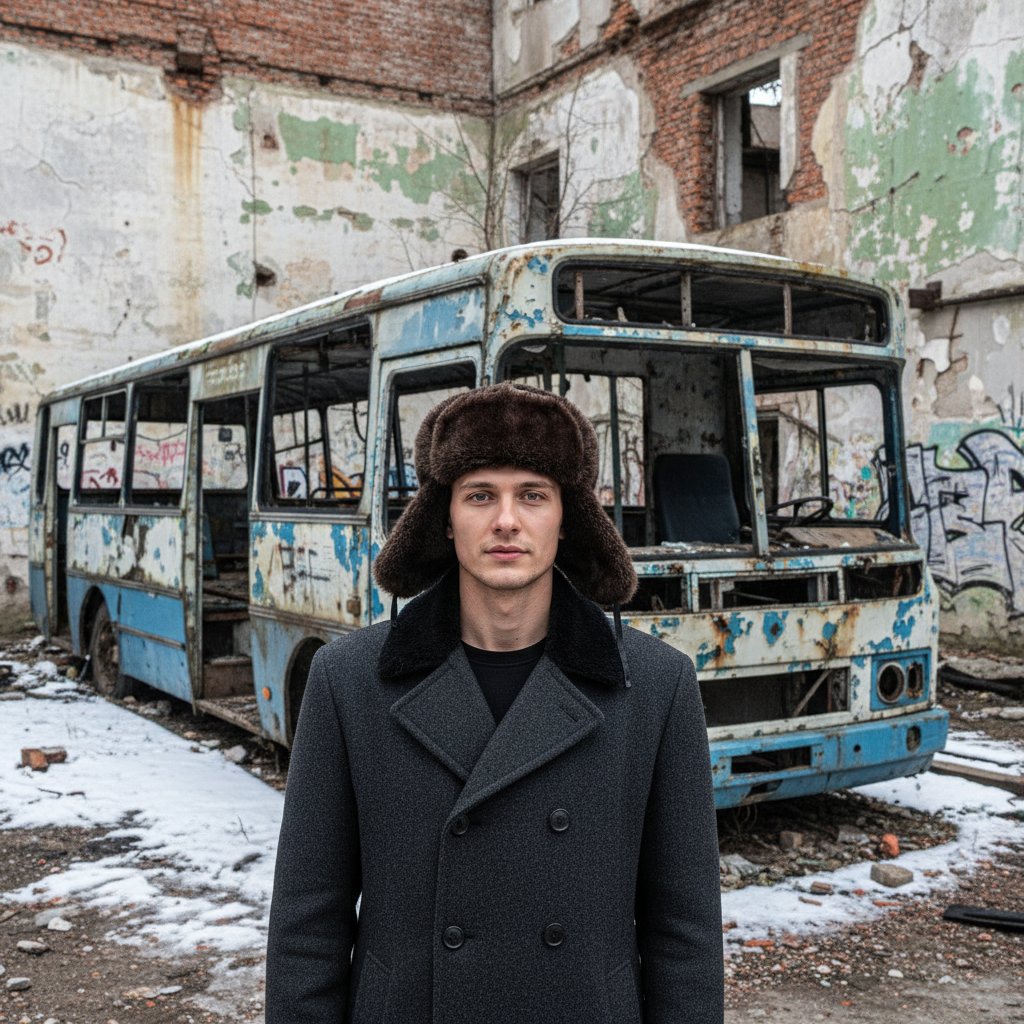 Одинокий мужчина у старого автобуса