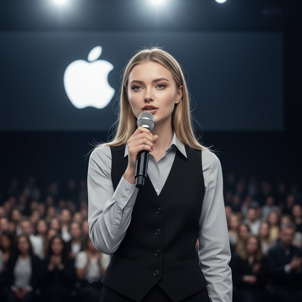 Оратор с микрофоном на фоне Apple