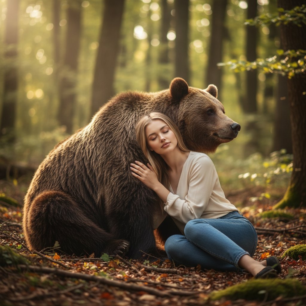 Женщина и медведь в лесу