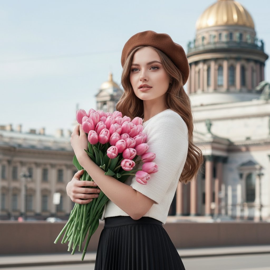 Девушка с тюльпанами в Петербурге