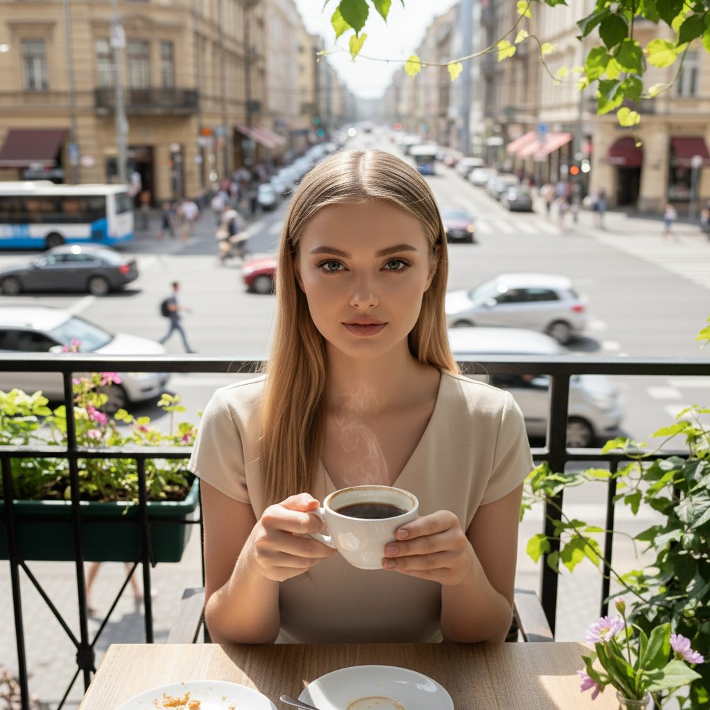 Девушка с кофе у оживленной улицы