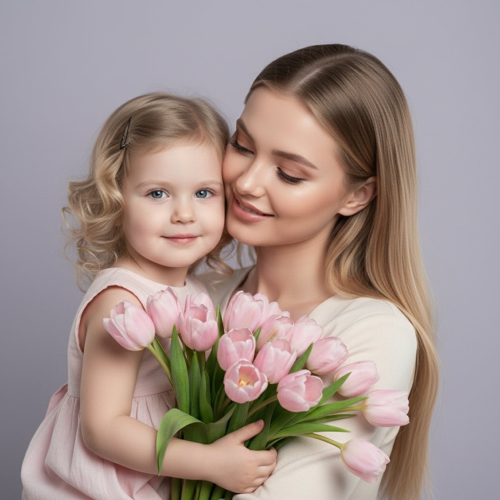 Мама и дочь с тюльпанами