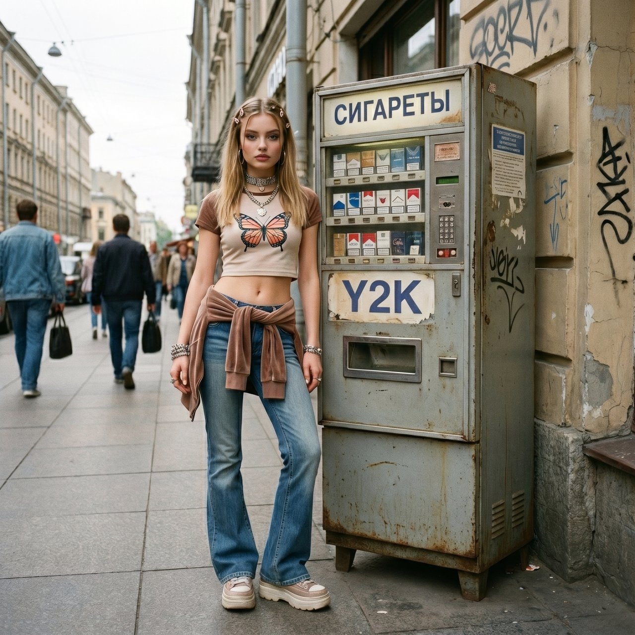 Девушка у сигаретного автомата в стиле Y2K