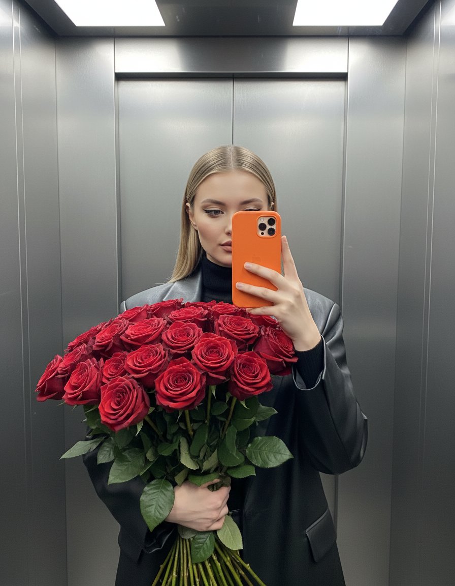 Селфи с цветами в лифте