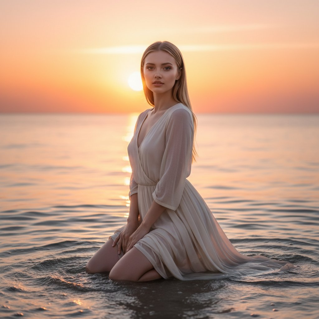 Девушка на закате у моря
