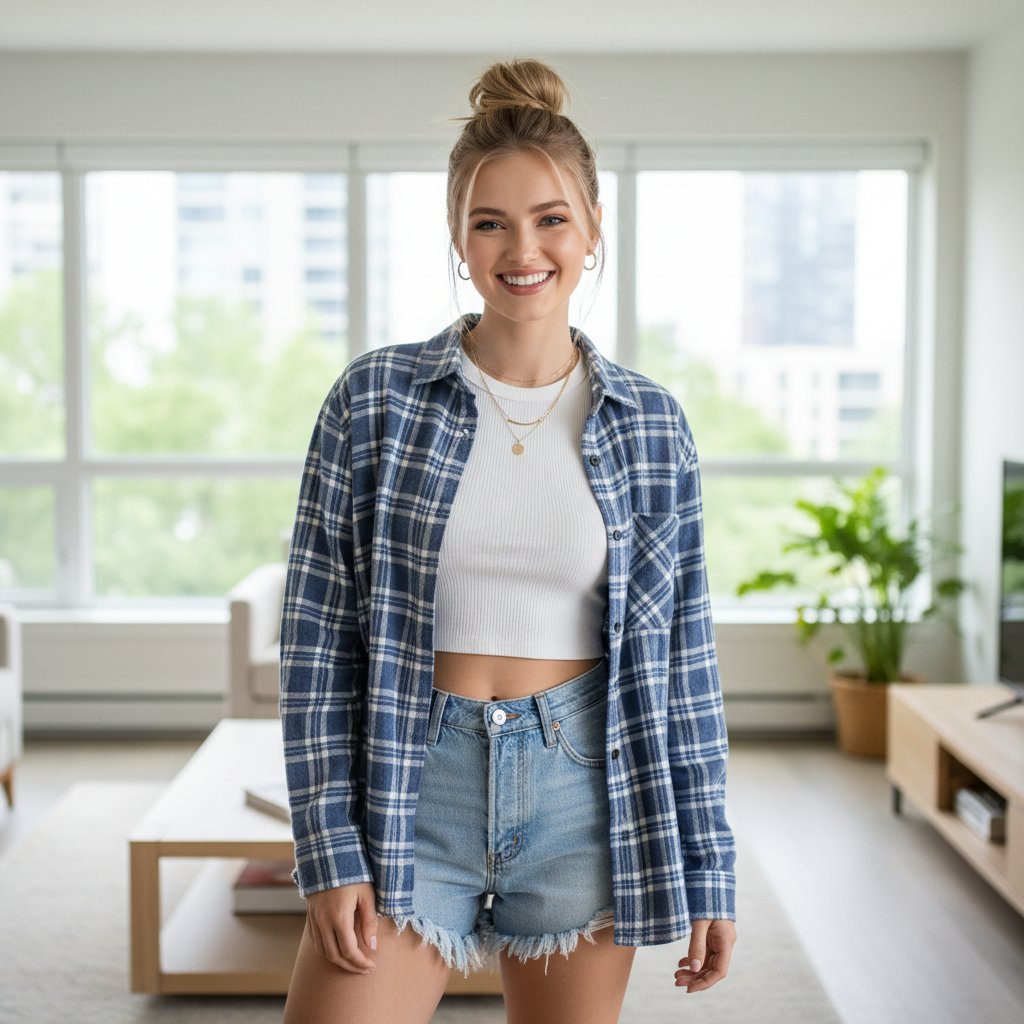Девушк в синей клетчатой oversize рубашке